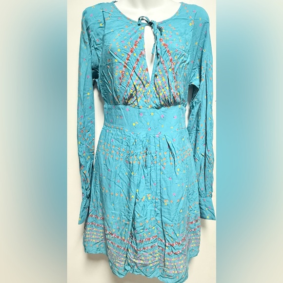 Free People Coryn Mini Dress Front Cut Out Pleated Blue/Green Open Back - Picture 3 of 10